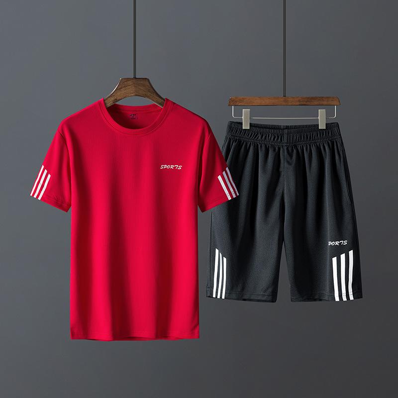 

Летний мужской спортивный комплект для бега, повседневный, тонкий, с коротким рукавом, шорты, футболка с круглым вырезом, свободный, с рукавом три четверти, комплект из трех предметов L красный