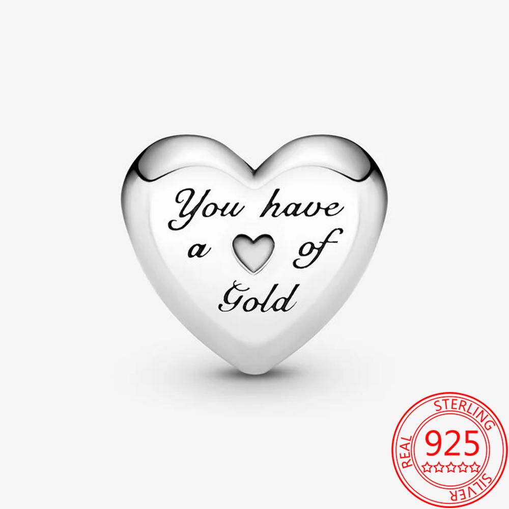 Authentic 925 Sterling Silver Dome Gold Heart Pendant Charm Fit Original Fashion 3mm Bracelet Diy Beaded Jewelry Gift Making