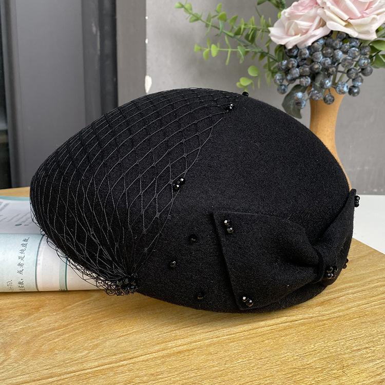 French British Retro Woolen Top Hat Autumn And Winter Bow Mesh Yarn Hat Styling Bud Hat Female Elegant Stewardess Hat