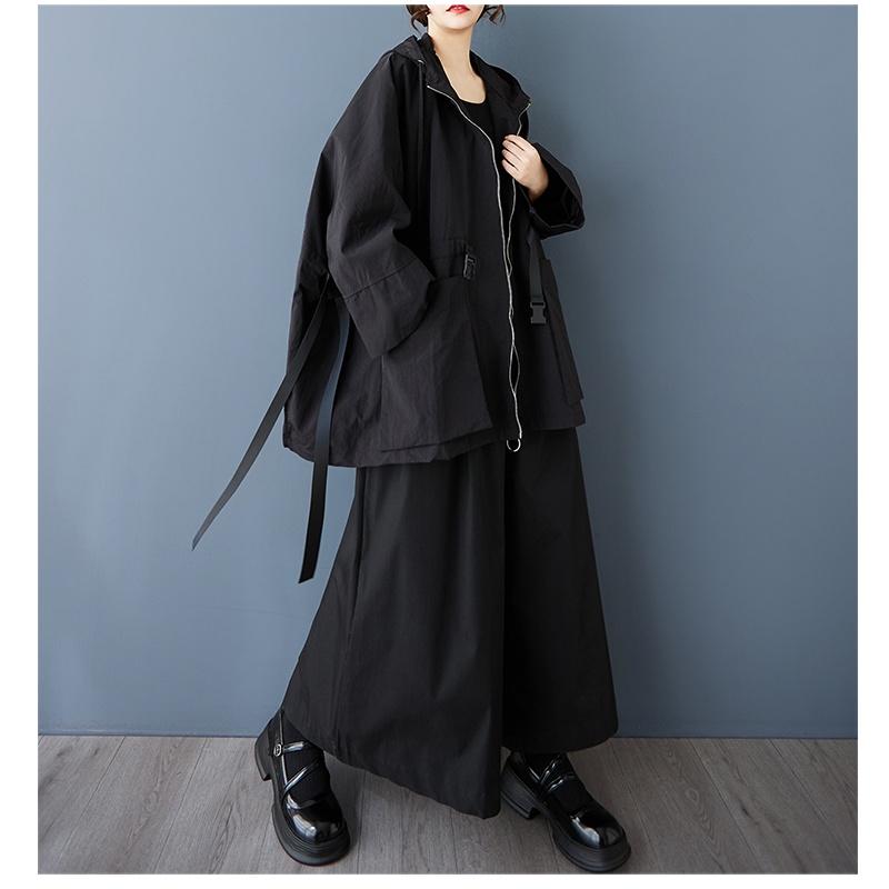 Long Sleeve Oversized Hooded Vintage Black Casual Loose Autumn Spring Trench Coat for Women Outerwear