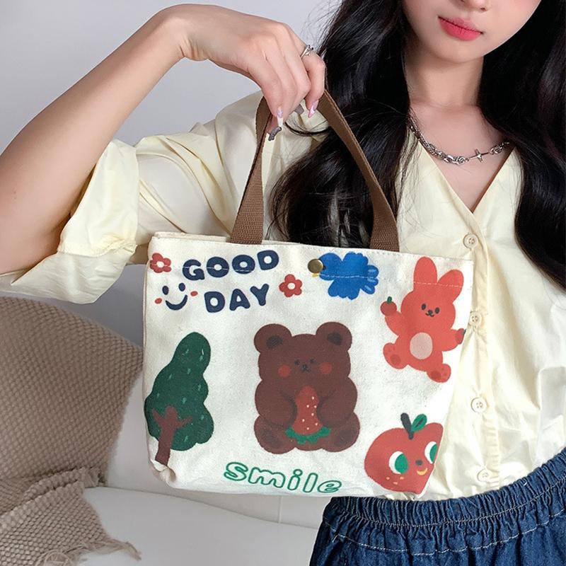 Canvas Tote Bag Cute Storage Bag Large Capacity Mini Handbags Portable Cartoon Print Lunch Bag