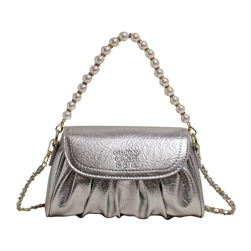 

Премиальная текстура универсальная плиссированная сумка-облако на цепочке новая тенденция моды сумка-мессенджер через плечо для通勤 серебряный