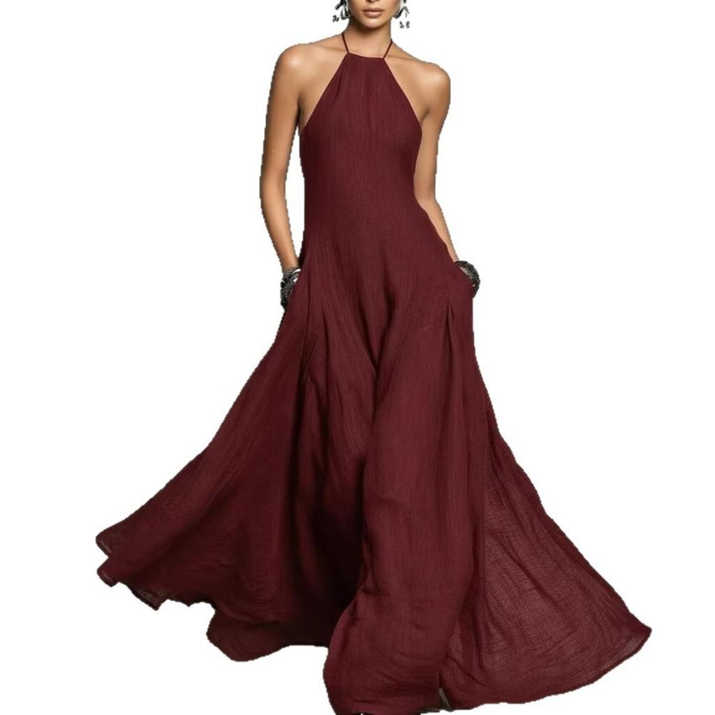 Spring Summer Women's Linen Cotton Blend Simple Backless Sleeveless Long Maxi Dress for Europe America