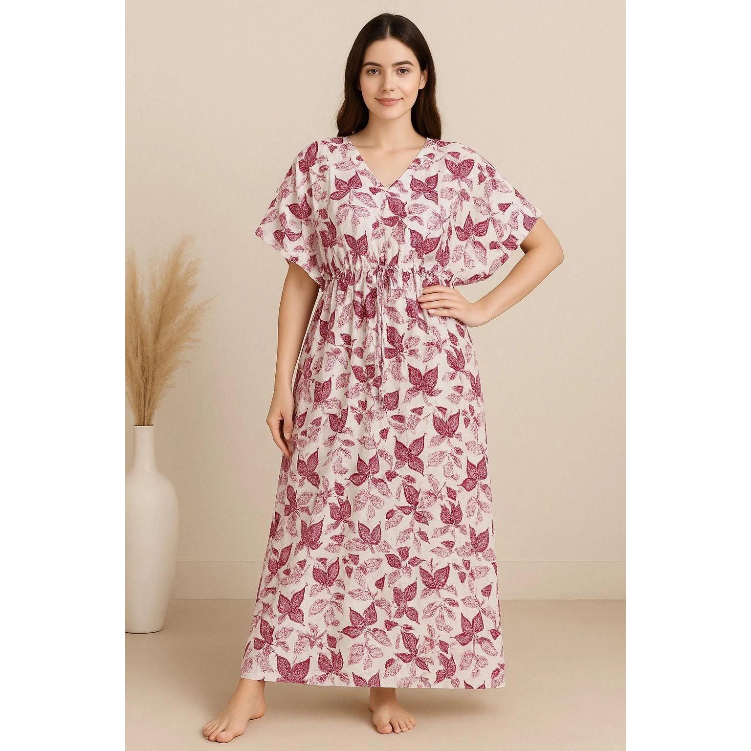 Floral Printed Pink Cotton Night Gown Indian Bollywood Night Wear Nighty Dress 2XL-48