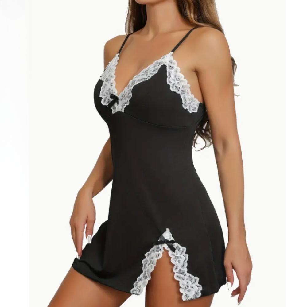 Contrast Lace Slip Nightdress, V Neck Backless Split Sleep Dress, Women's Sleepwear & Dresses