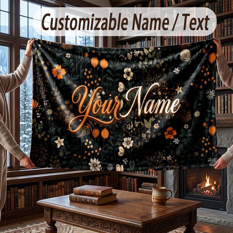 Floral Garden Theme Throw Blanket Custom Name Text Personalized Blanket Soft Cozy Blanket for Home Sofa Bed