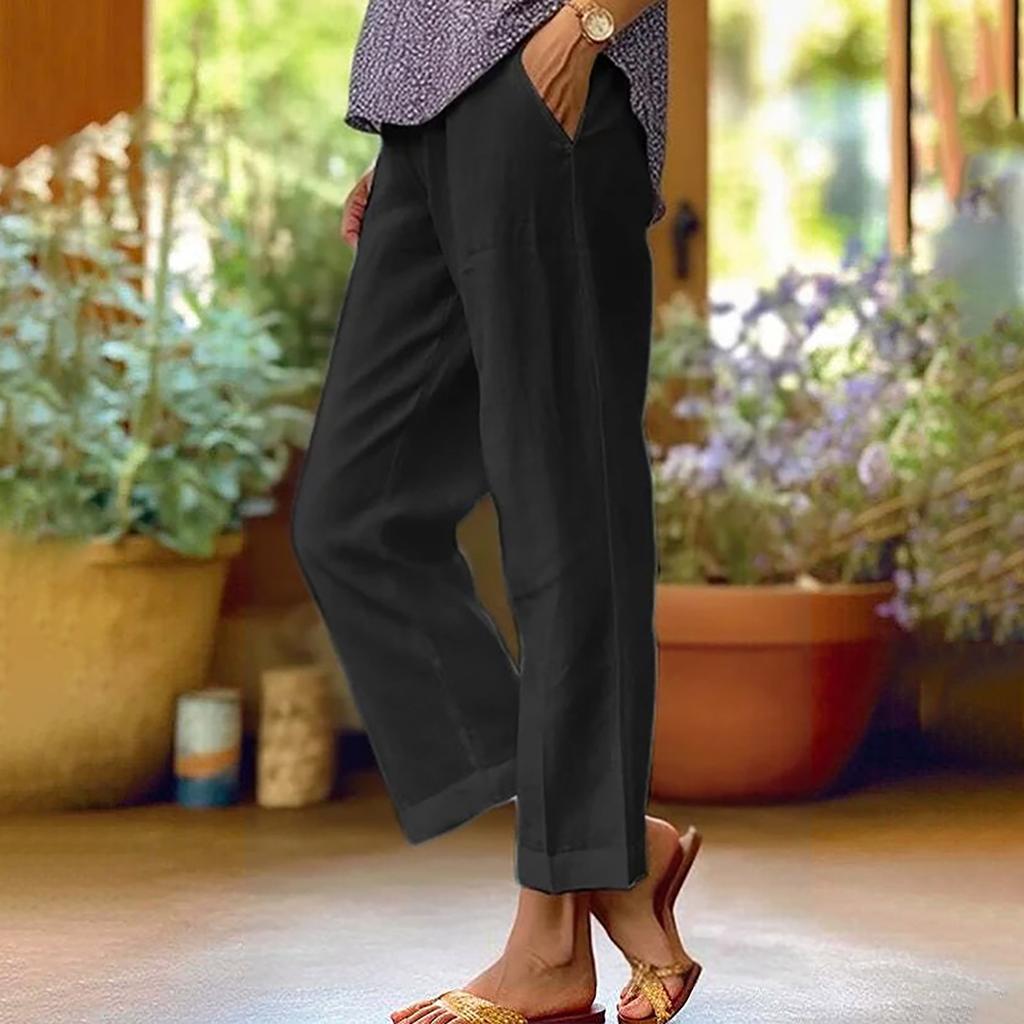 Women's Cotton Linen Trousers Elastic Waist Wide Leg Pants Casual Tracksuit Bottom Joggers