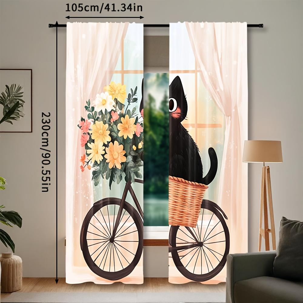 Whimsical Cat Riding Bicycle Abstract Art Curtains Design Semi Transparent Polyester Drapes Floral Accen Set Of 2 Made With Rod Pocket