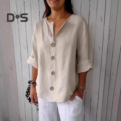 Women Shirt V-Neck 3/4 Sleeve Loose Fit Pullover Tops Buttons Decor Breathable Casual Tops Daily Wear