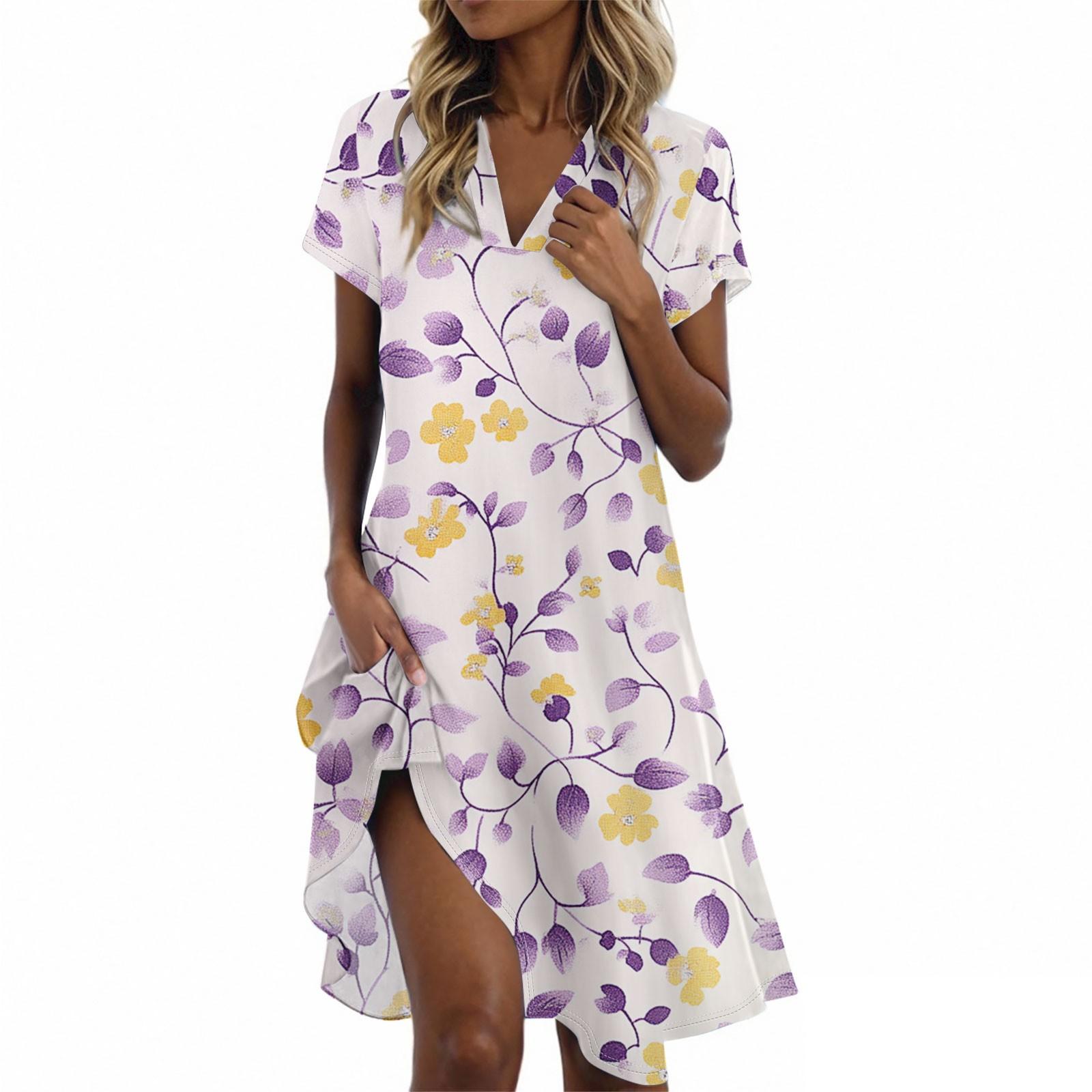 Ladies Casual Fashion Stand Collar Floral Print Short Sleeve Dress XL циан