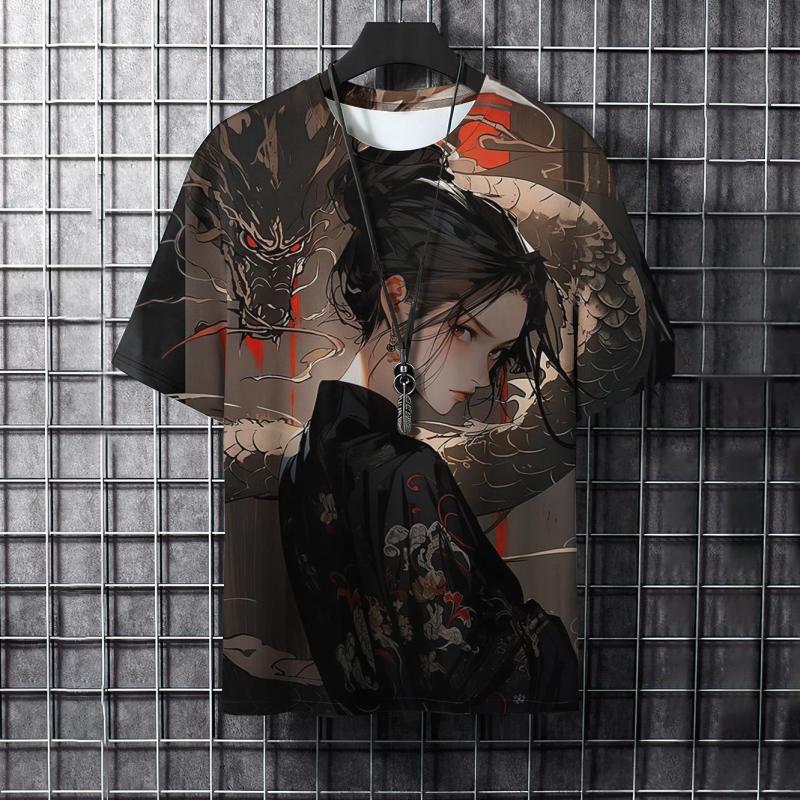 Pánské tričko s 3D potiskem a kresleným zvířecím potiskem, stylové, s grafickým potiskem a samurajskými tetováními, trendy, ležérní, Harajuku, streetwear, hip hopové tričko.