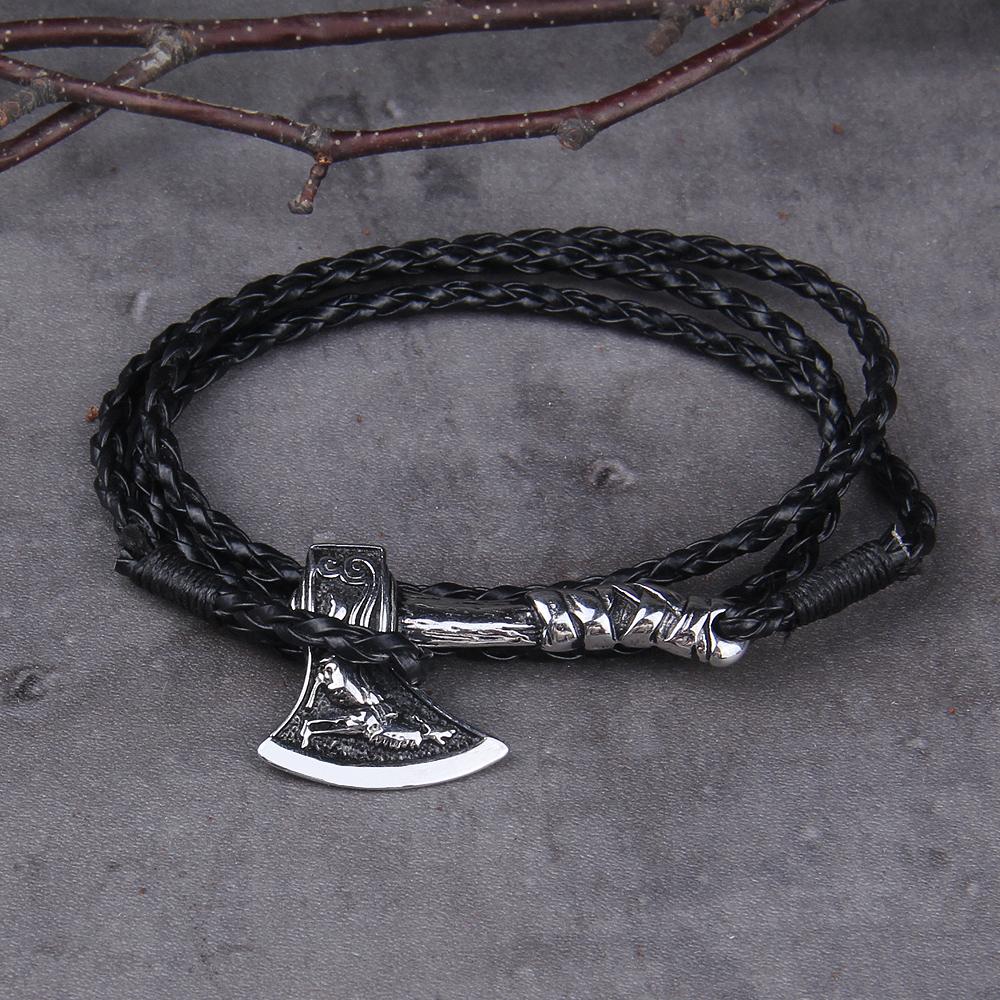 Viking Valknut Axe Leather Bracelet for Men Women Nordic Jewelry Gift with Wooden Box