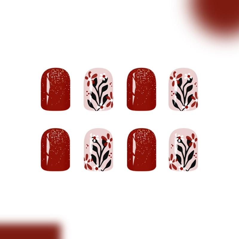 Fall Winter Red Brown Press On Nail Easy To Apply Reusable Artificial Fake Nail Comfortable For Daily Party Wedding