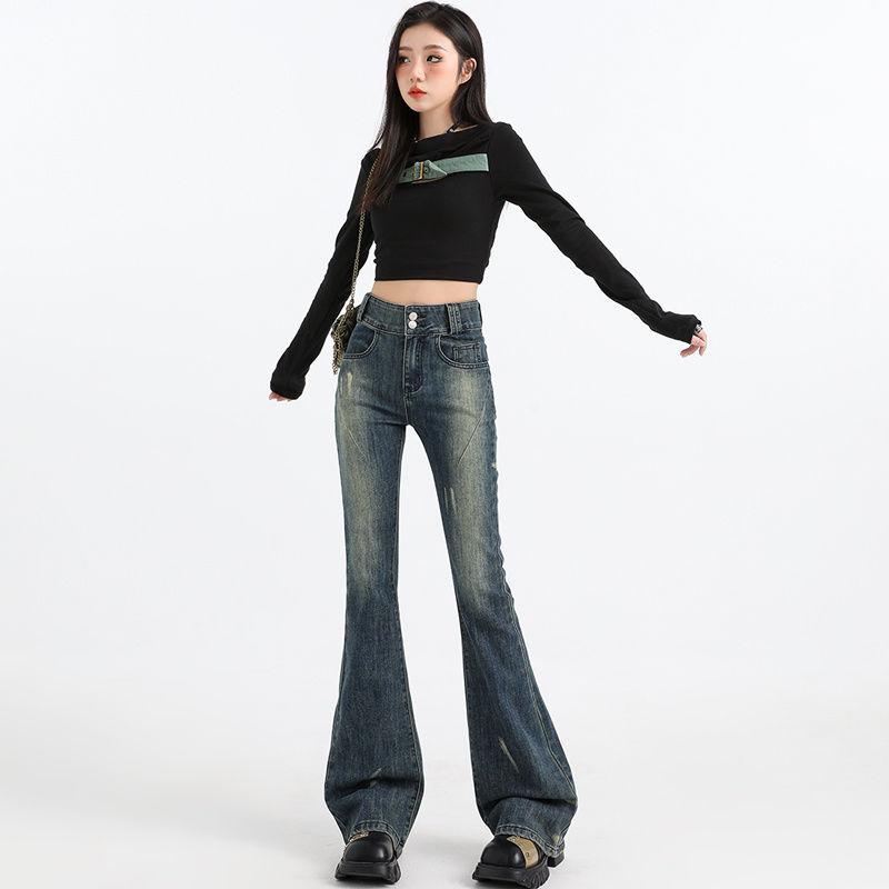 Graffiti Oil Color American New Flared Jeans for Women In Autumn High Waist Stretch Slimming Design Horseshoe Floor Pants