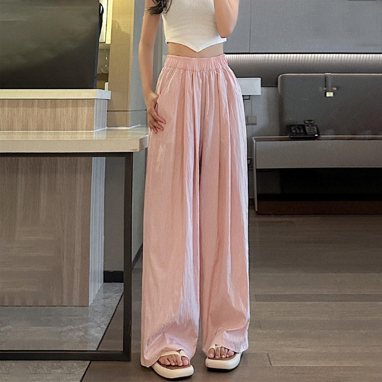 Женские свободные однотонные широкие повседневные брюки из ледяного шелка с морщинами XL — фото 13