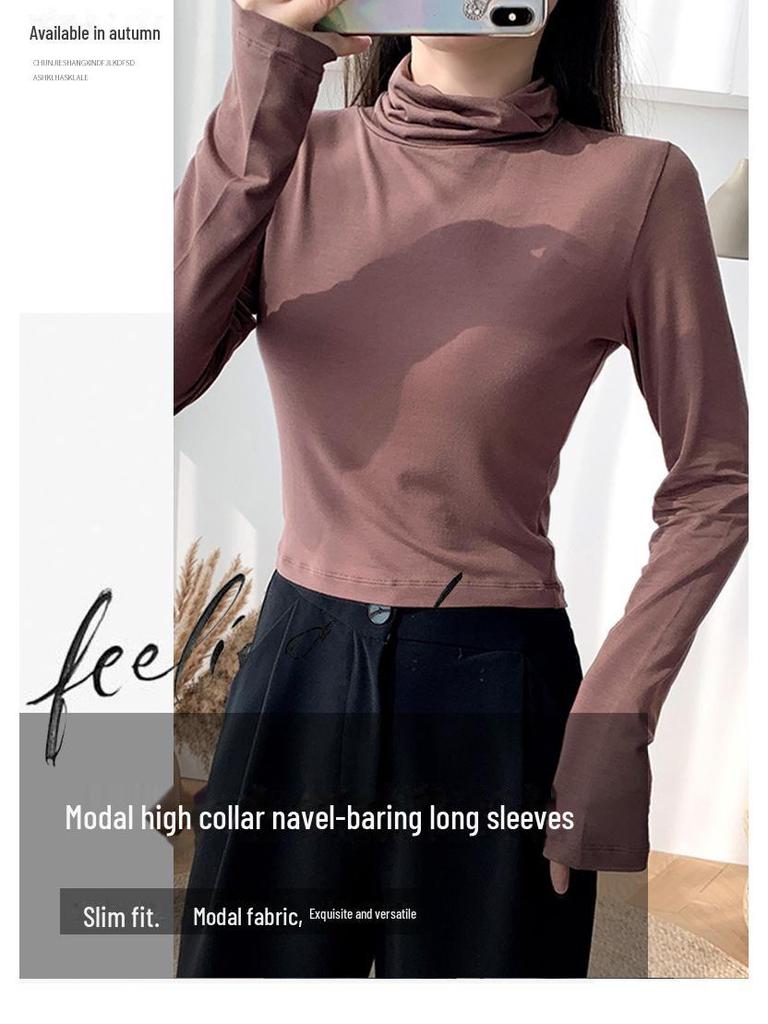 Kadın Dar Kesim Yüksek Yakalı Crop Top Uzun Kollu Gömlek