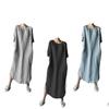 Large Quantity  Crew Neck Short Sleeve Solid Side-Split Hem Knee-Length Cotton Linen Dress for Girls