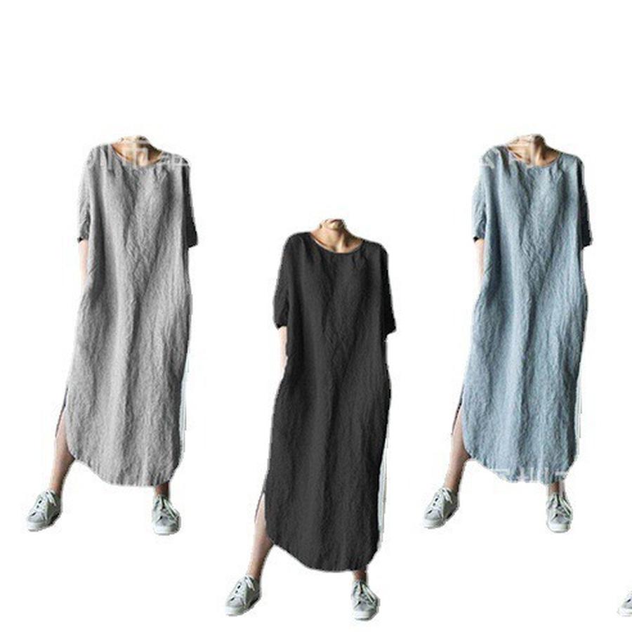 Large Quantity Crew Neck Short Sleeve Solid Side-Split Hem Knee-Length Cotton Linen Dress for Girls