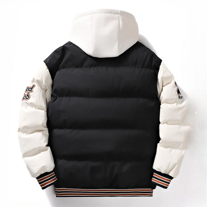 Men's Winter Fashion Jacket Fashion Fake Two-piece Hooded Letter Printed Bread Jacket Padded Jacket