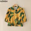 VONDA Sommer Damen Reverskragen Puffärmel Gedrehter Print Hawaiianische Freizeitbluse