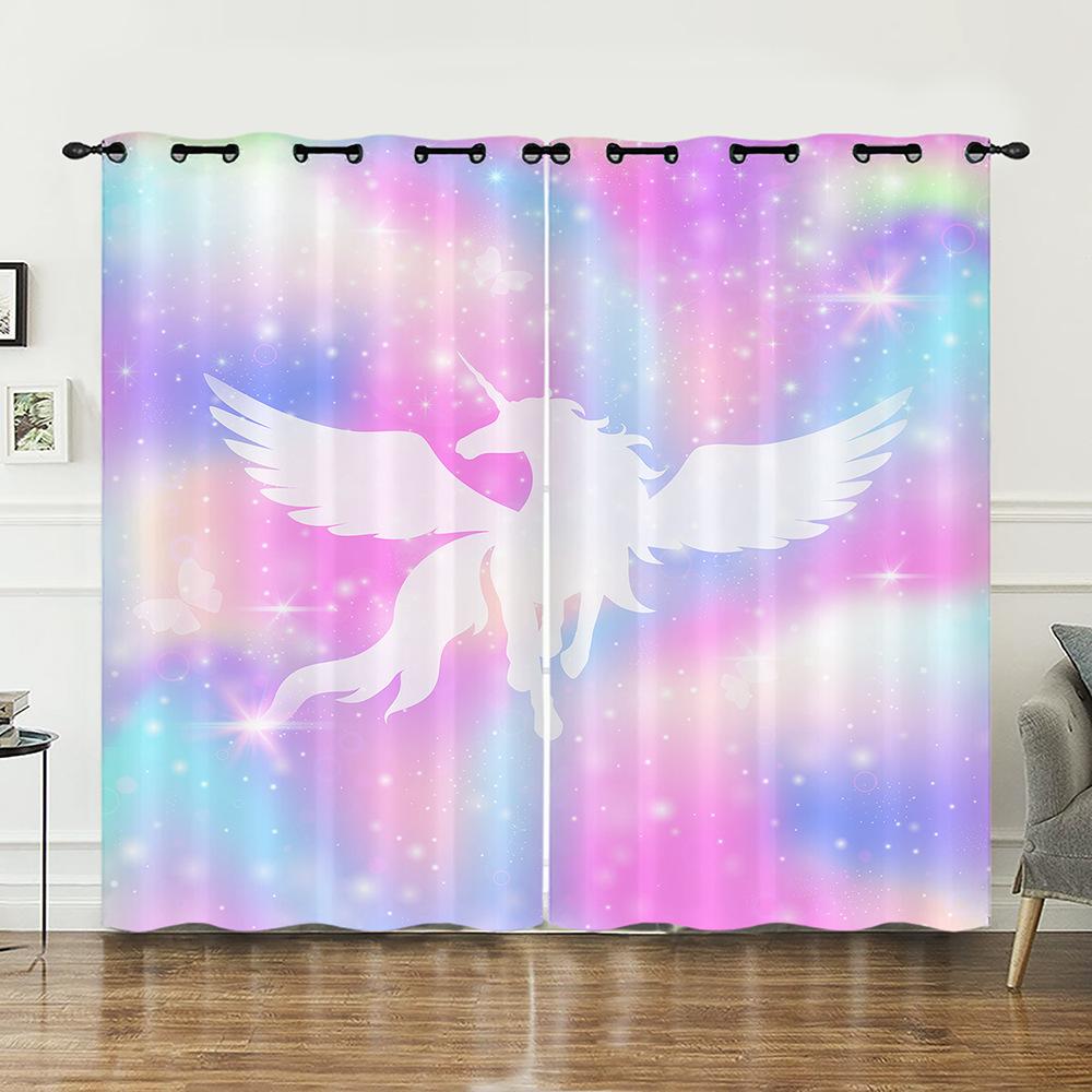 Curtains Cartoon Unicorn Decorative Sunshade Digital Printing Curtains Blackout Free Punching