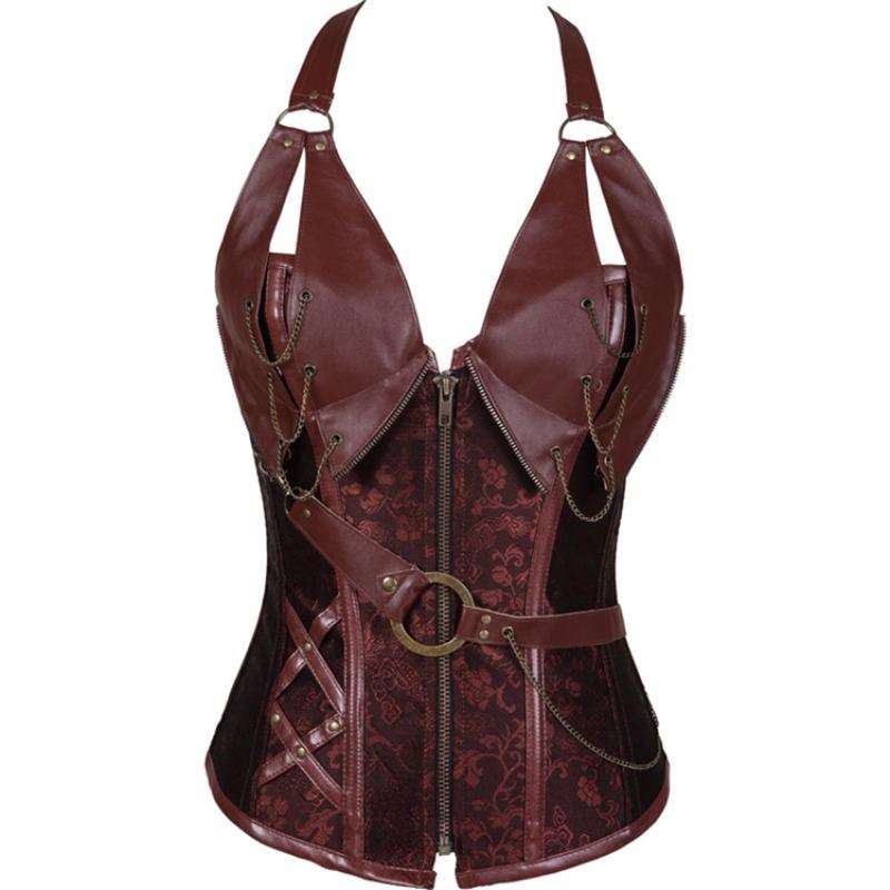 

New court dress brown steel punk leather corset with belt neck shapewear 5XL темно-коричневого кольору
