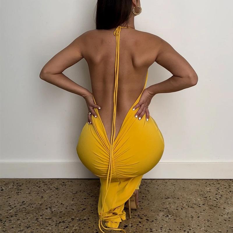 Women Summer Holiday Club Party Sleeveless Backless Elegant Ruched Halter Draped Maxi Dress