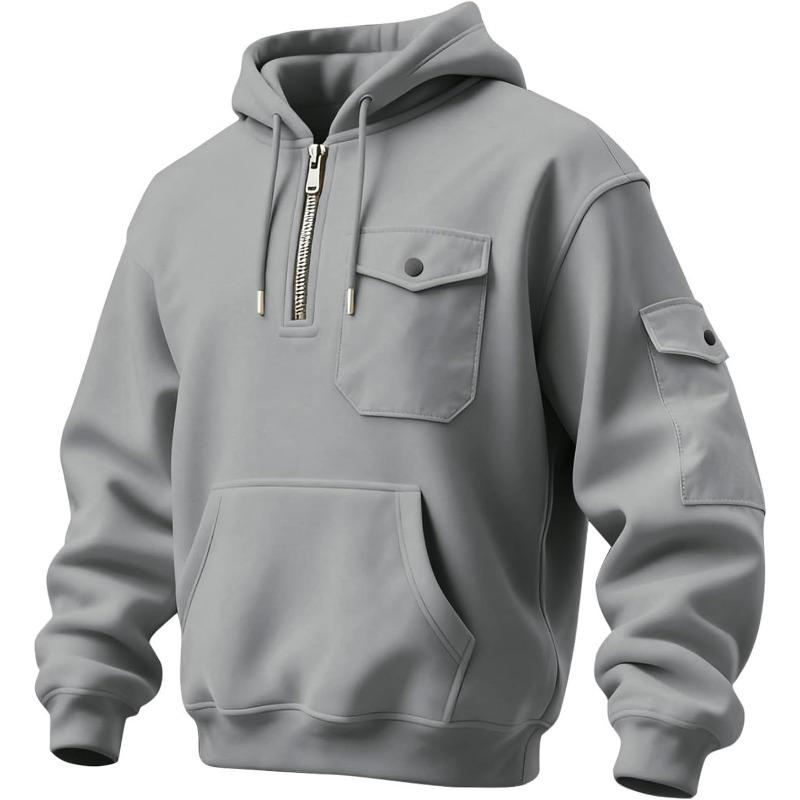 New autumn and winter men's sweater multi-pocket hooded long-sleeved fleece jacket top casual sports