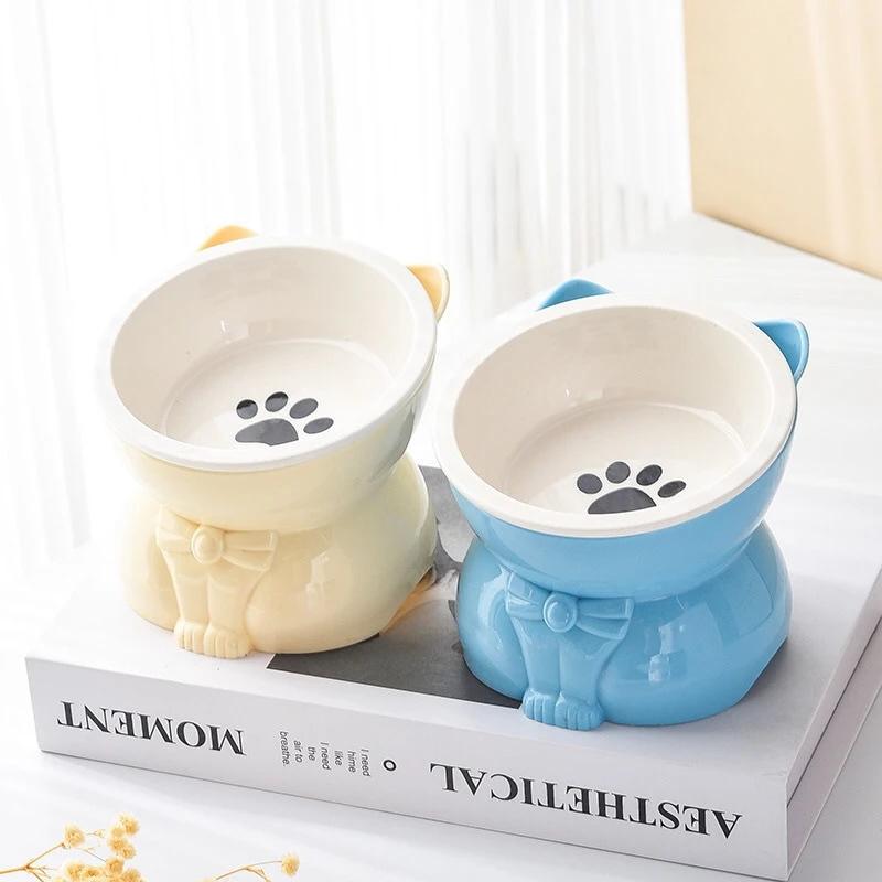 Cat Bowl Ceramic Black Elevated Feeding Bowl For Cats Protect Neck Tall Pet Bowl For Home Table And Cute Gift For Cat Lovers