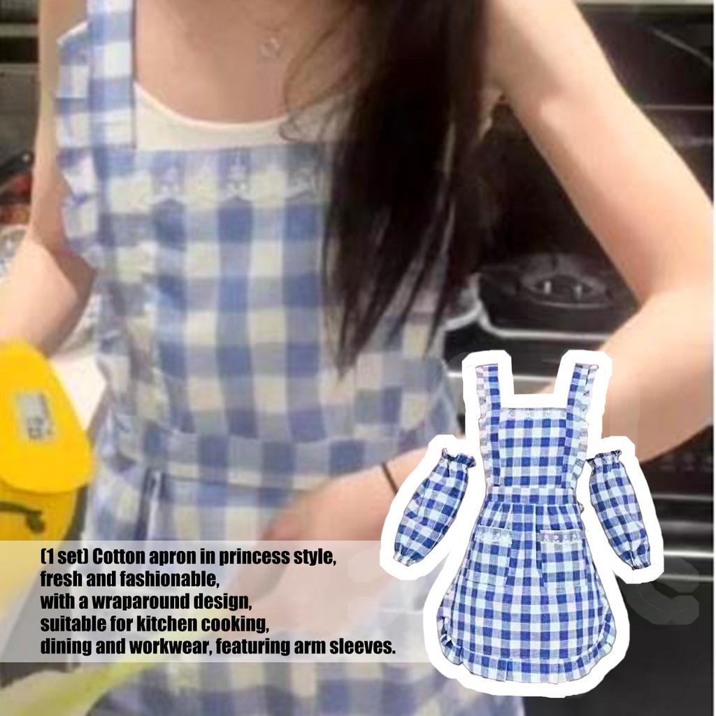 Blue Checkered Kitchen Apron With Attached Sleeve Covers Polyester Cotton Blend Stain Resistant Cooking Apron Workwear