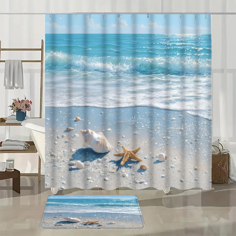 4Pcs Ocean Shell Starfish Shower Curtain Set with Non-Slip Bath Mat, Toilet Lid Cover, Contour Rug & 12 Hooks, Bathroom Decor