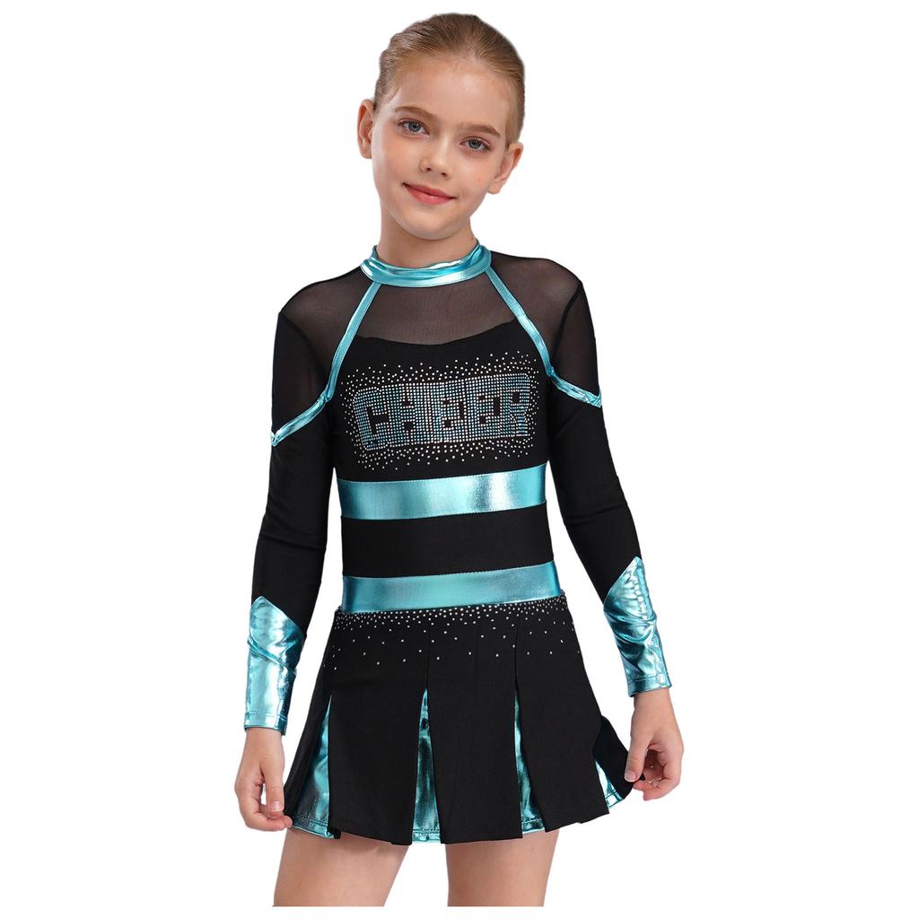 Girls Sparkly Rhinestones Letter Pattern Metallic Contrast Patchwork Long Sleeve Pleated Cheerleading Dress