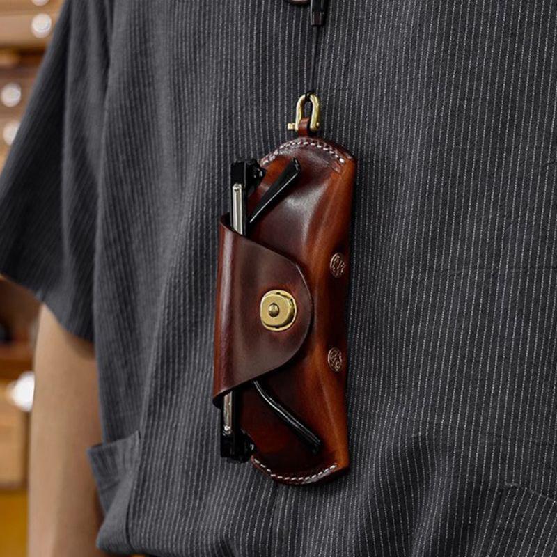 Unisex Retro Hanging Pu Leather Glasses Bag Portable Lanyard Hanging Sunglasses Case Simple Handmade Glasses Storage Box