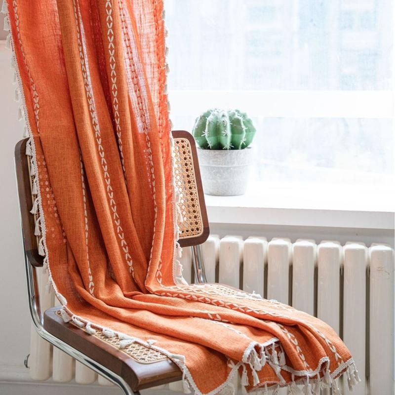 Curtain Half Blackout Cotton Linen Stripe Embroidery Orange Tassel American Curtain for Bedroom Bay Window Curtain Finished