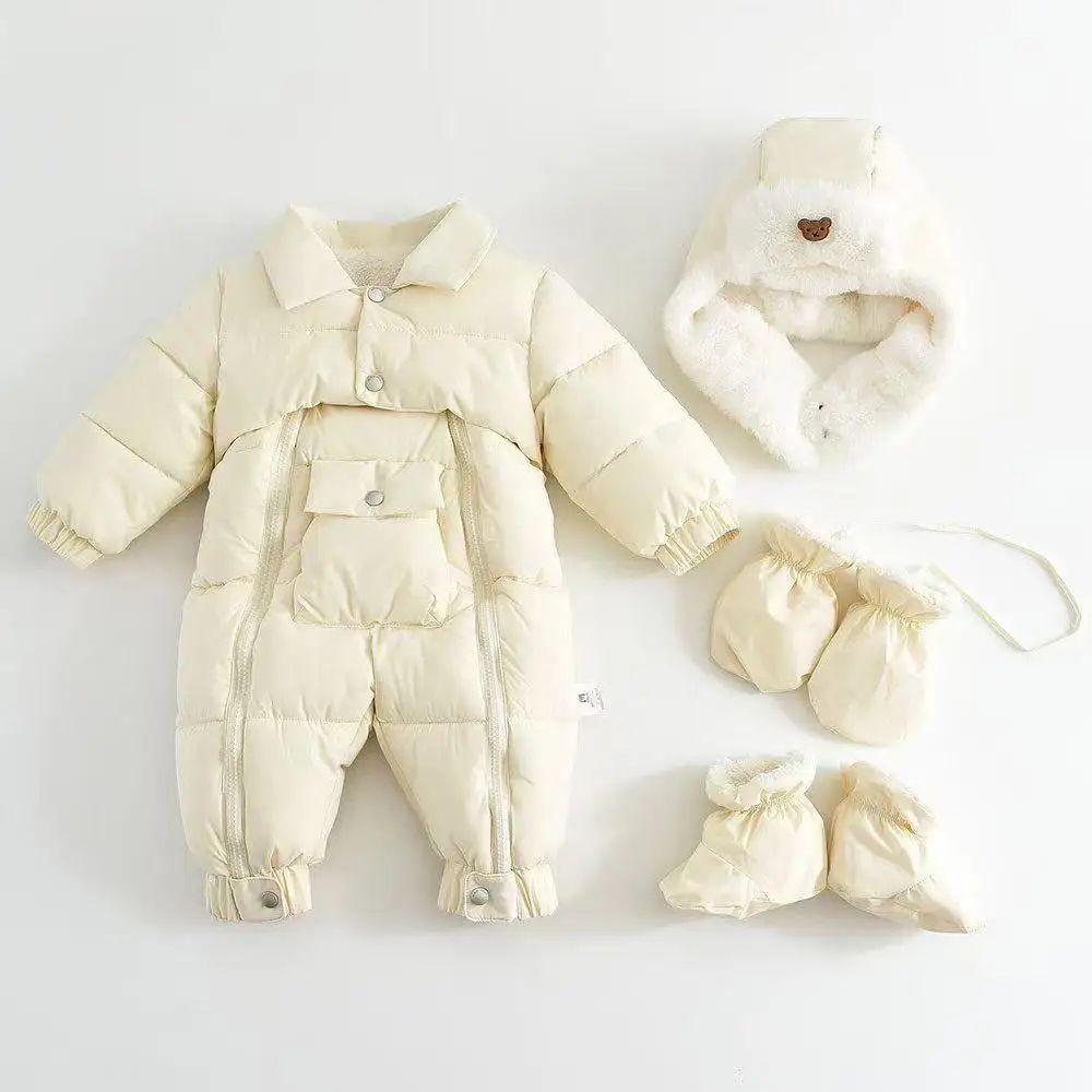 

0-18М Детские комбинезоны Набор из 4 предметов Зимние Теплые Флисовая подкладка Комбинезоны+Съемная шапка+Перчатки+Защита для ног Детские Снежные костюмы для мальчиков и девочек 66cm белый