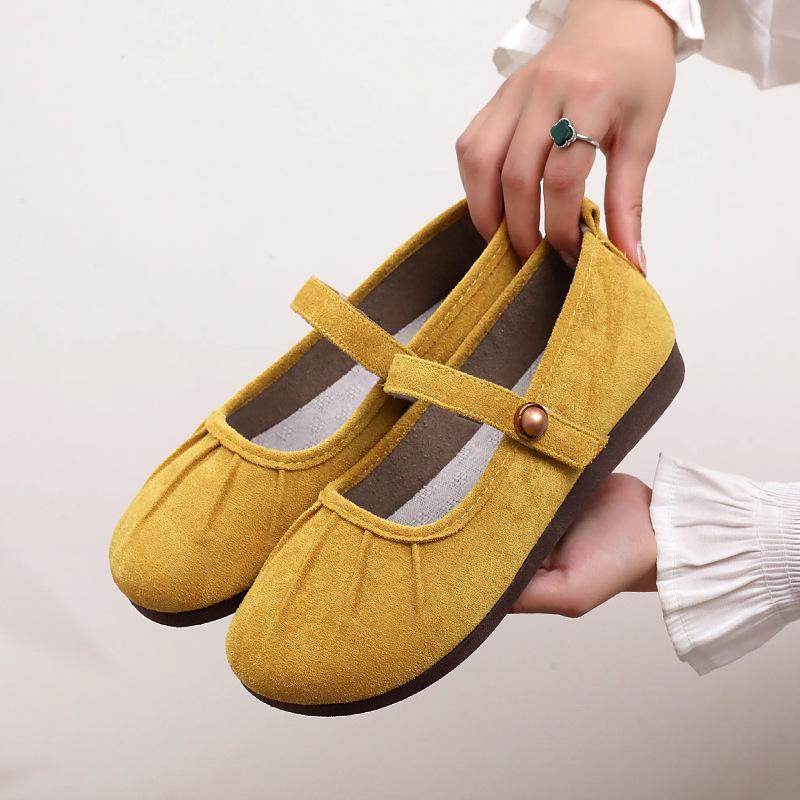 Spring and summer soft bottom round head one pedal gentle shallow mouth French flat bottom wrinkled single shoes round head non-slip soft sole ca