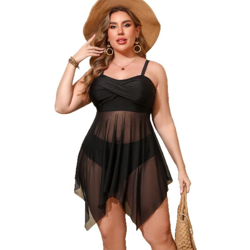 2026 New European and American Women's Mesh Skirt Split Swimsuit Female Fat Woman Large Size Conservative Swimsuit