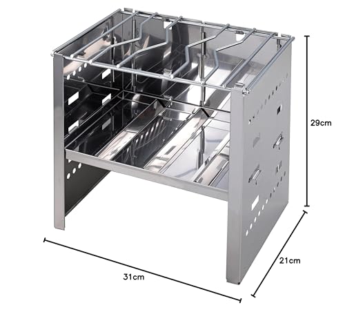 Captain Stag UG-95 BBQ Stove, Bonfire Stand, 3-in-1, Folding, Smart Grill, A4-Size, 3 Adjustable Levels, Stainless Steel, with Storage Bag