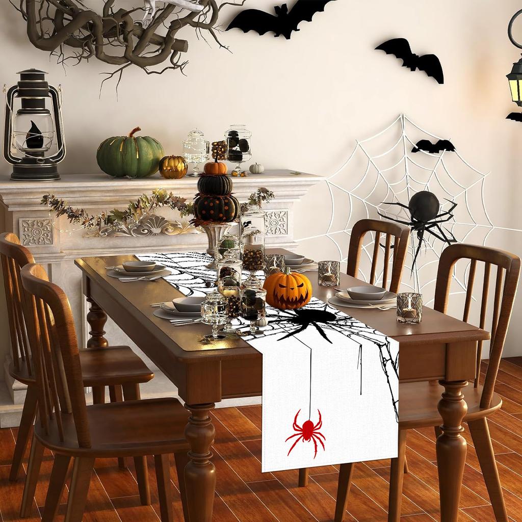 1pc White Halloween Table Runner with Spider Web Pattern Durproof Tablecloth for Halloween Themed Party Home Party Decoration