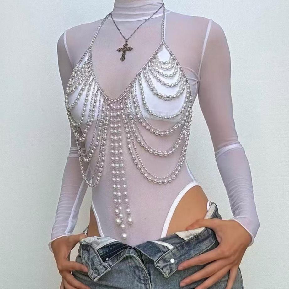 Pearl Chain Tassel Halter Body Chain Top OneSize