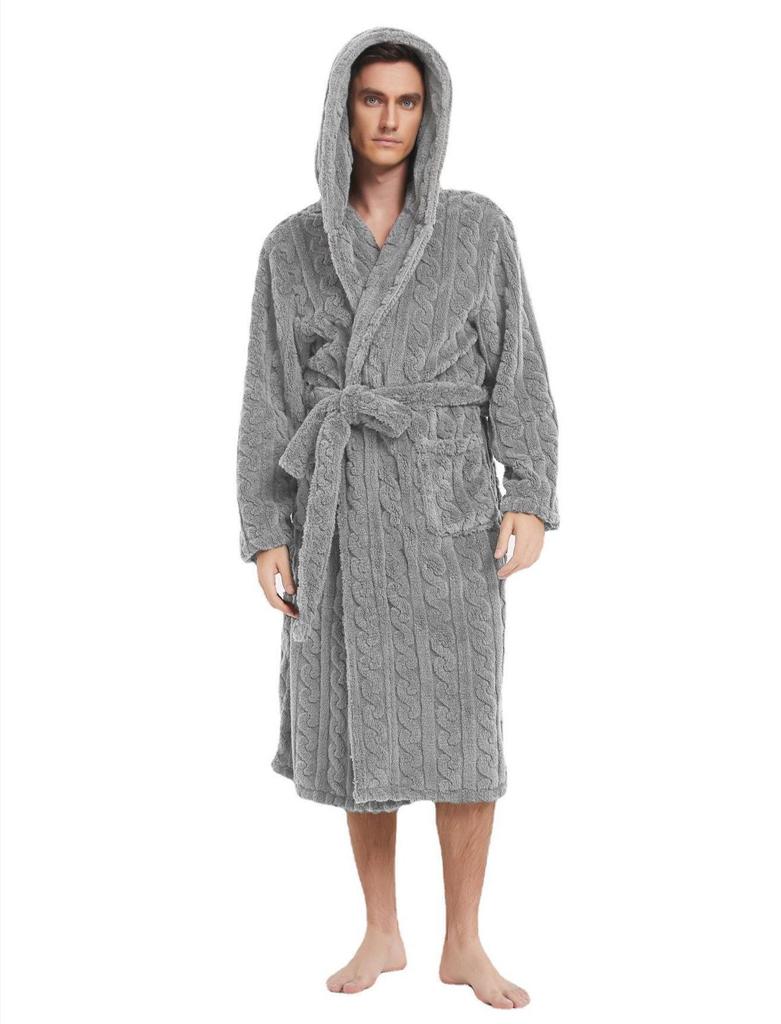 Large Cotton Velvet Jacquard Hooded Men's Nightgown - European & American Style, Thickened for Autumn/Winter, Unisex.