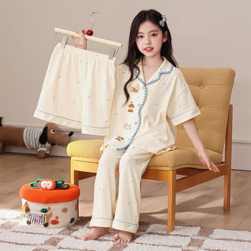 Cotton Cartoon Pajama Set Girls 8 Years Short Sleeve Shorts 3-Piece Sleepwear Home Outfit