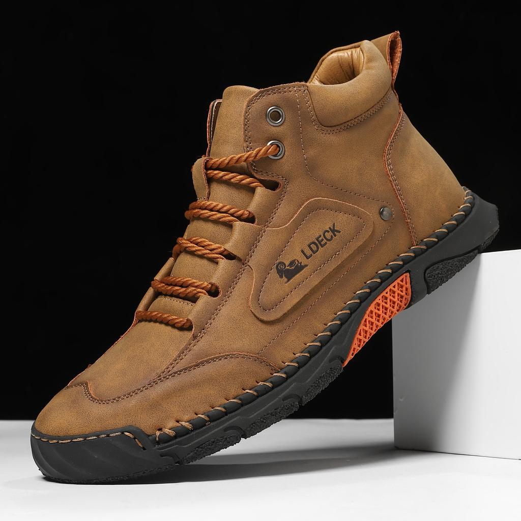 Large Size Men's Shoes, Leather Boots, Men's Fashion Stitched Shoes, Flat Bottomed Lace Up Martin Boots, Outdoor High Top Shoes