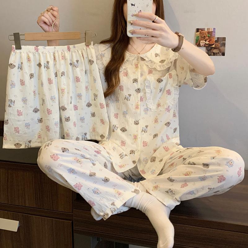 Japanese Style Lace Doll Collar Cartoon Short-Sleeved Pajamas Women'S Summer Cloud Cotton Three-Piece Loungewear