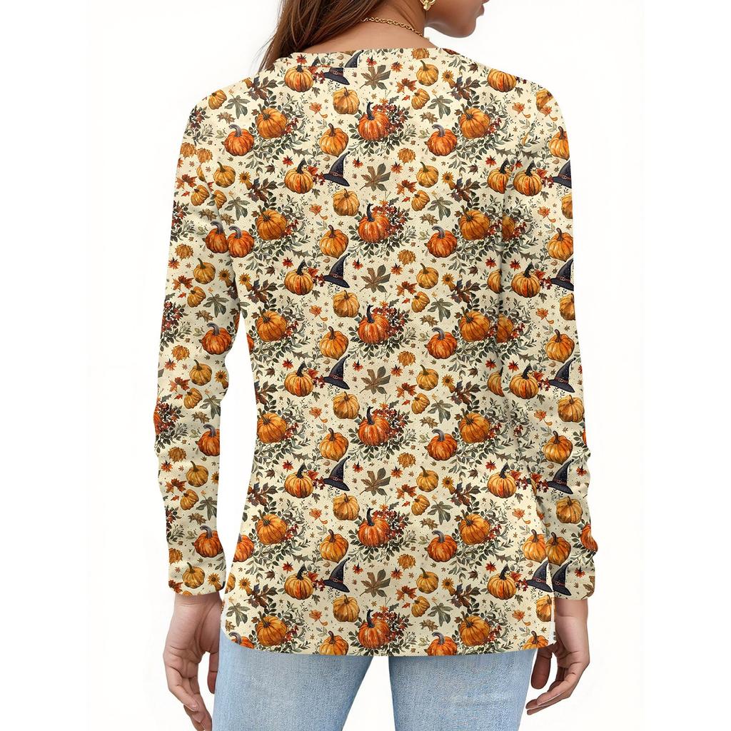Women's Fashion Hem Slit Casual Halloween Printed Round Neck Long Sleeve Top