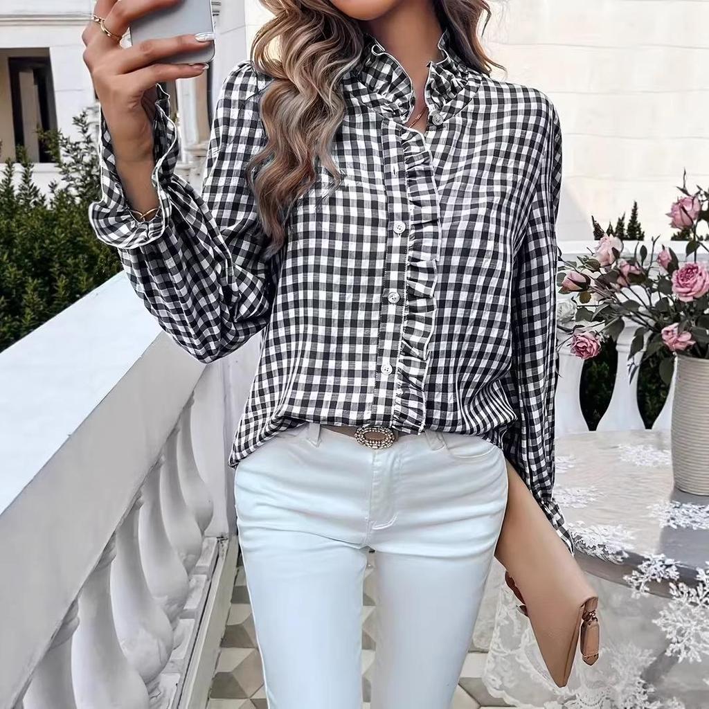2026 Spring/Summer Women's Elegant Ruffle Plaid Long Sleeve Shirt