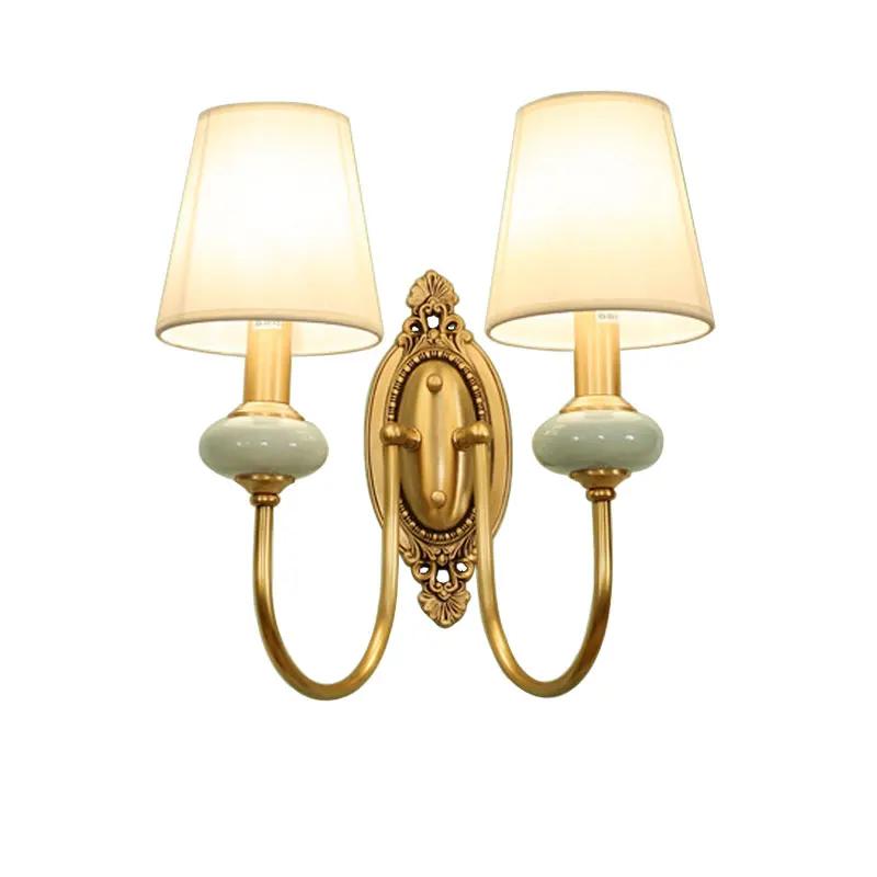 American style minimalist bedroom wall lamp fabric all copper Nordic luxury bedside hotel living room office ceramic wall lamp