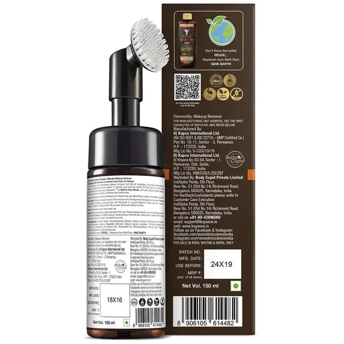Wow Skin Science Vitamin C Makeup Remover - Rengöring, tar bort smink, jämnar ut hudton - Med inbyggd ansiktsborste (Micellär), 150 ml