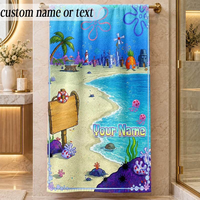 Beach TowelSpongeBob Custom Name Text Personalized Soft Towel for Beach Pool Indoor Home Decor Gift