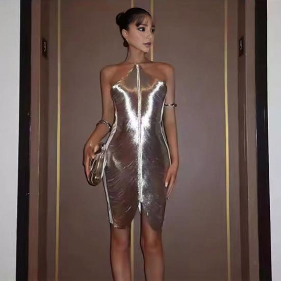 Women Party Dress Glossy Tassel Halter Neck Backless Sleeveless Split Hem Solid Color Slim Fit Off Shoulder Club Party Banquet Mini Dress